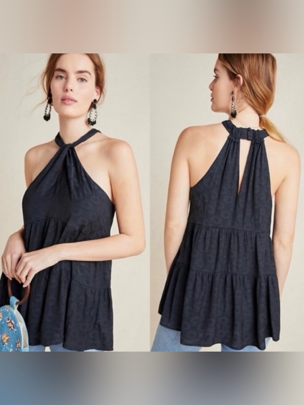 By Anthropologie Lavinia High Neck Halter Blouse Black Gray Size Medium